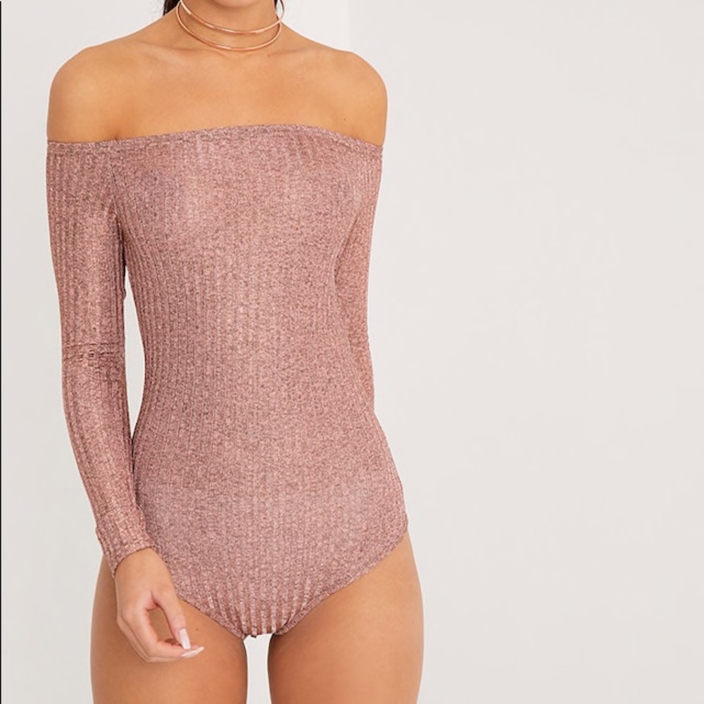Carissa Rose Gold Lurex Bardot Thong Bodysuit.